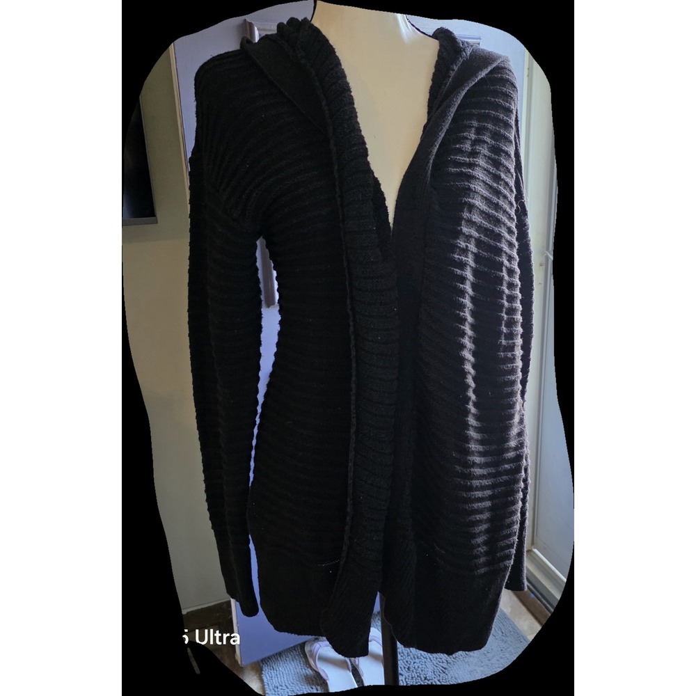 Loft Open Cardigan with Hoodie, Long Sleeve, Black & White Stripe